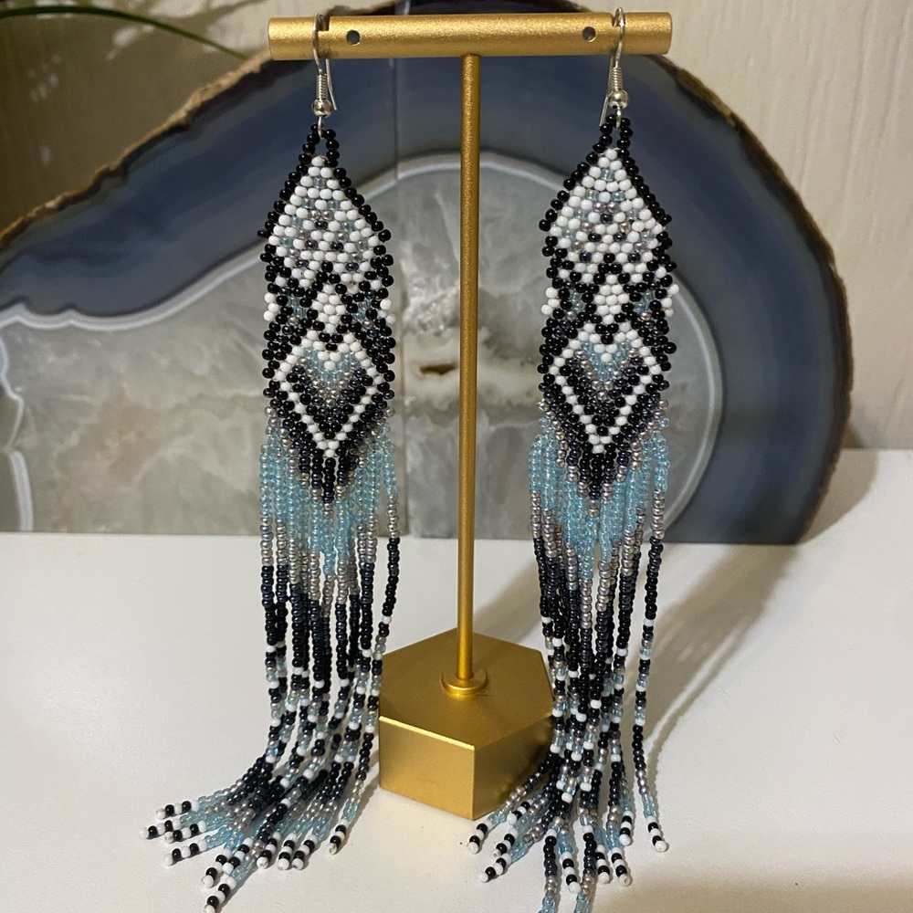 Chic Beaded Fringe Earrings - Black, White, and Blue